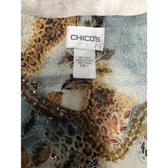 Chico's Silk Sheer Embroidered Animal Print Women's Size 1/M 3/4 Sleeve Shirt - Picture 6 of 8